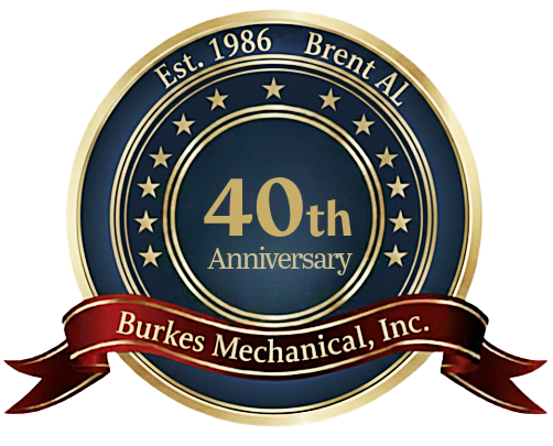 Burkes Mechanical 40th Anniversary seal, established 1986 in Brent, Alabama