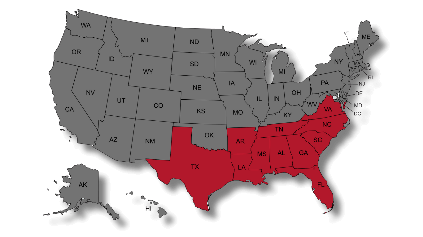 Map of Burkes Mechanical's service territory across Alabama, Florida, and the Southeast
