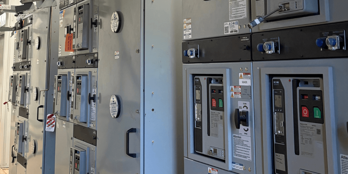 High and medium voltage electrical switchgear systems with overhead cable trays and conduit installation for industrial power distribution.