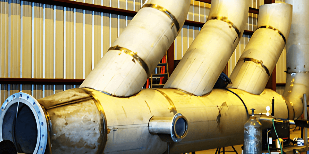 Large industrial pipe manifold under fabrication in a shop, featuring multiple welded outlets for process piping systems.