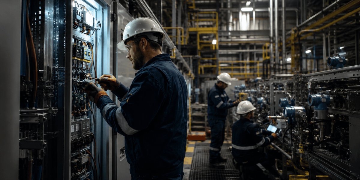 Industrial electricians and instrumentation technicians inspecting control panels and field equipment inside a large manufacturing plant.