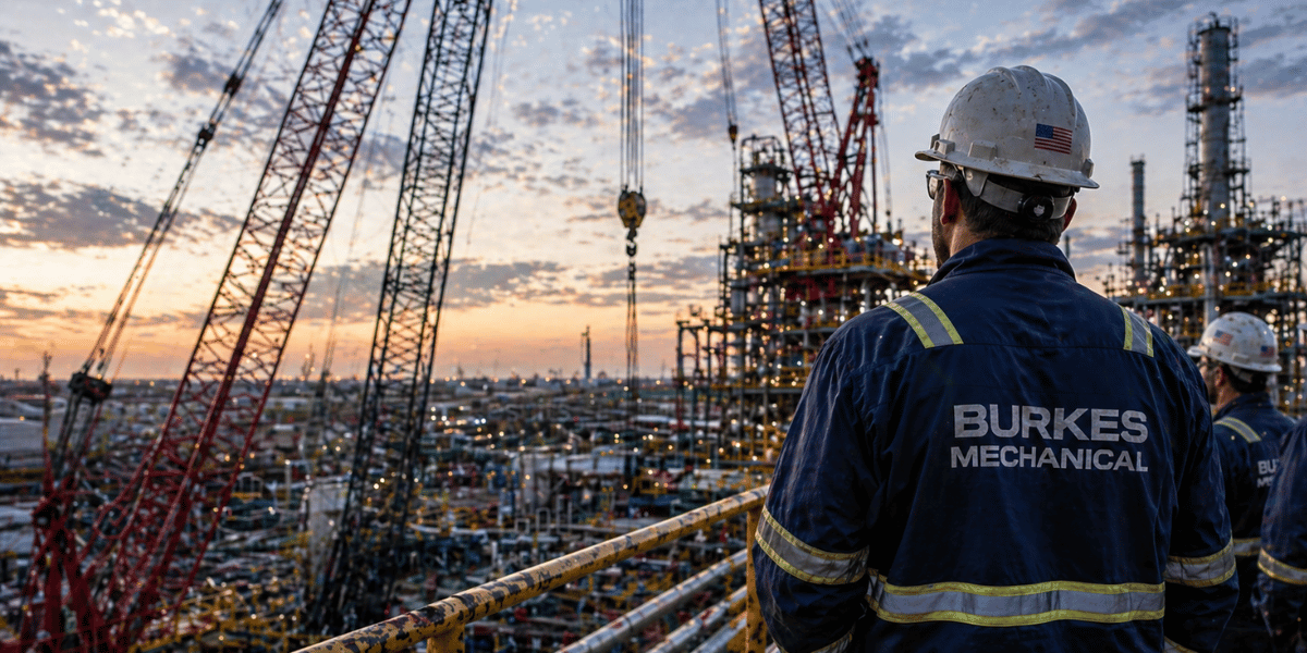 Plant shutdown at industrial refinery with worker overseeing crane operations, piping systems, and maintenance work at sunset