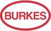 Burkes logo. Red typography on a white background with a red oval outline