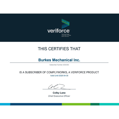 Complywokrs Veriforce Burkes Mechanical certificate representing the logo for Burkes' Safety Prequalification Membership