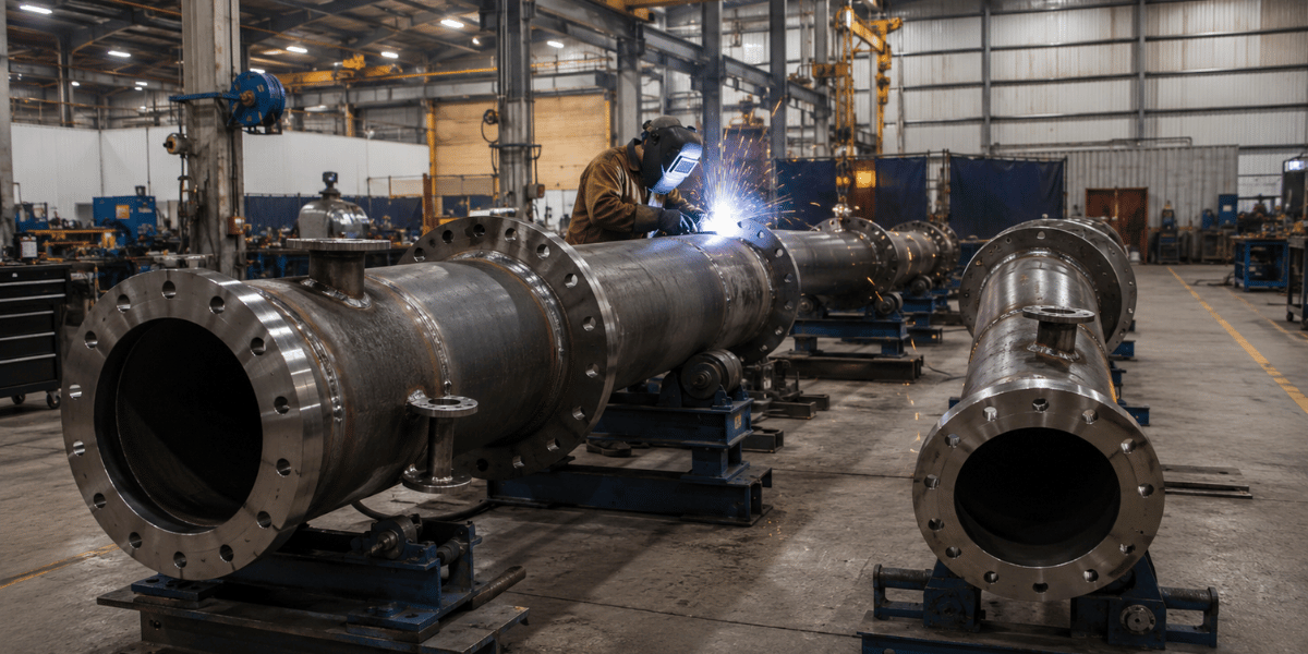 Welder fabricating large industrial pipe spools on roller supports inside a professional pipe fabrication shop.