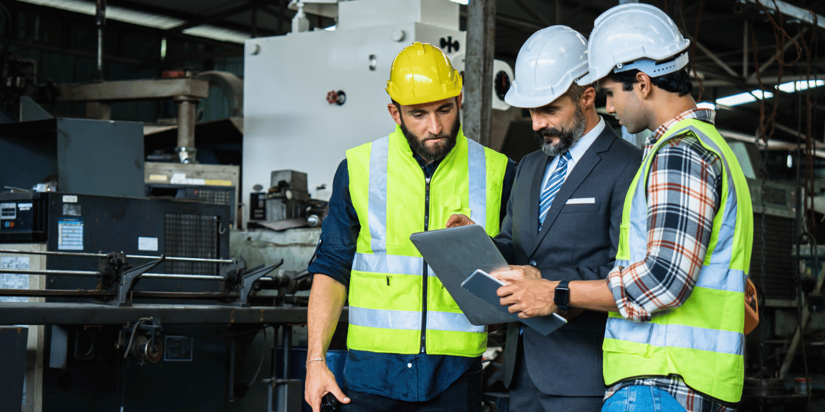Three industrial workers wearing safety gear inside of industrial plant