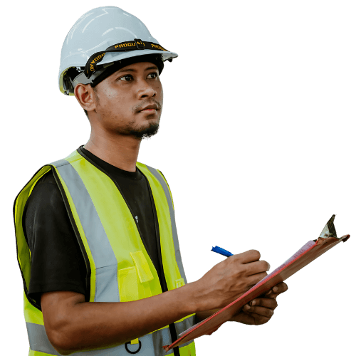 Representing Burkes safety inspector in high-visibility vest and hard hat conducting industrial job site inspection with clipboard and pen.