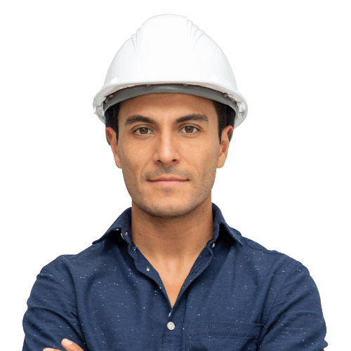 Confident construction professional wearing a white hard hat and blue shirt, representing industrial project management and safety-focused leadership.