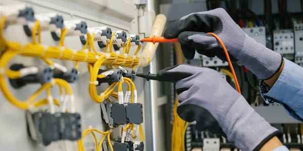 Burkes Mechanical instrumentation technician wearing protective gloves using test probes on an industrial control panel with yellow wiring during start-up and commissioning services
