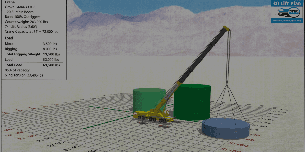 Burkes Mechanical 3D crane lift plan showing load calculations, rigging weight, and lift radius for safe heavy equipment setting and engineered lifting operations