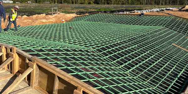 Burkes Civil Services crew installing a large rebar grid for an industrial concrete foundation in Alabama, demonstrating expert civil construction services including foundations, excavation, and concrete work across the Southeast US
