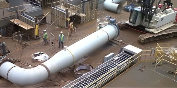 Burkes Mechanical Industrial construction site with large fabricated piping system installation, crane equipment, and workers assembling heavy mechanical components