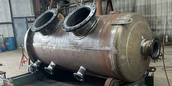 Burkes Mechanical ASME-certified pressure vessel with multiple large flanged nozzles fabricated in the Alabama shop, showcasing code-compliant custom pressure vessel and industrial tank fabrication services for the Southeast US